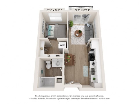 Floor plan for studio, 1 bath, 520 sqft